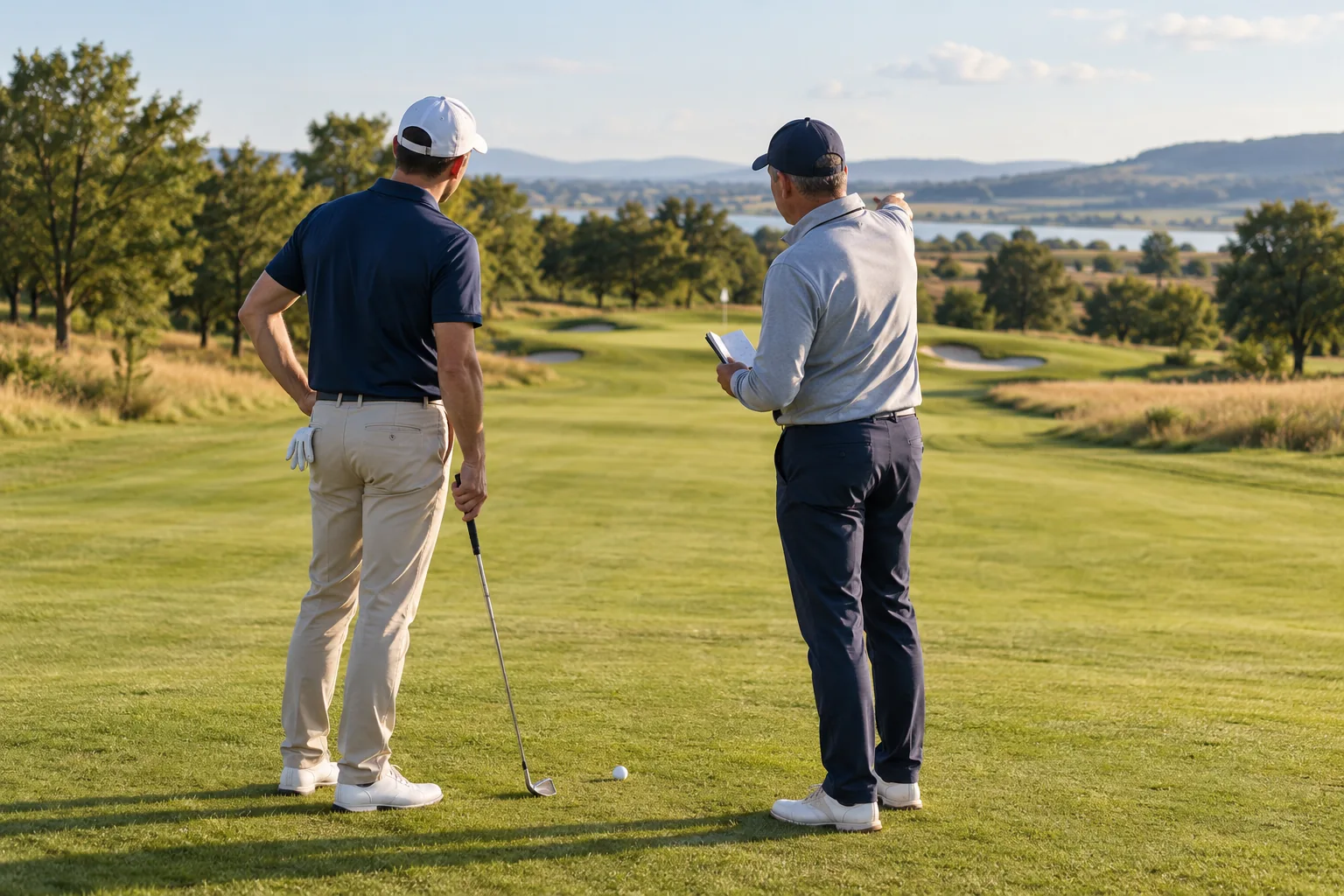 Illustratives Gespräch über Spielstrategie auf einem Golfplatz