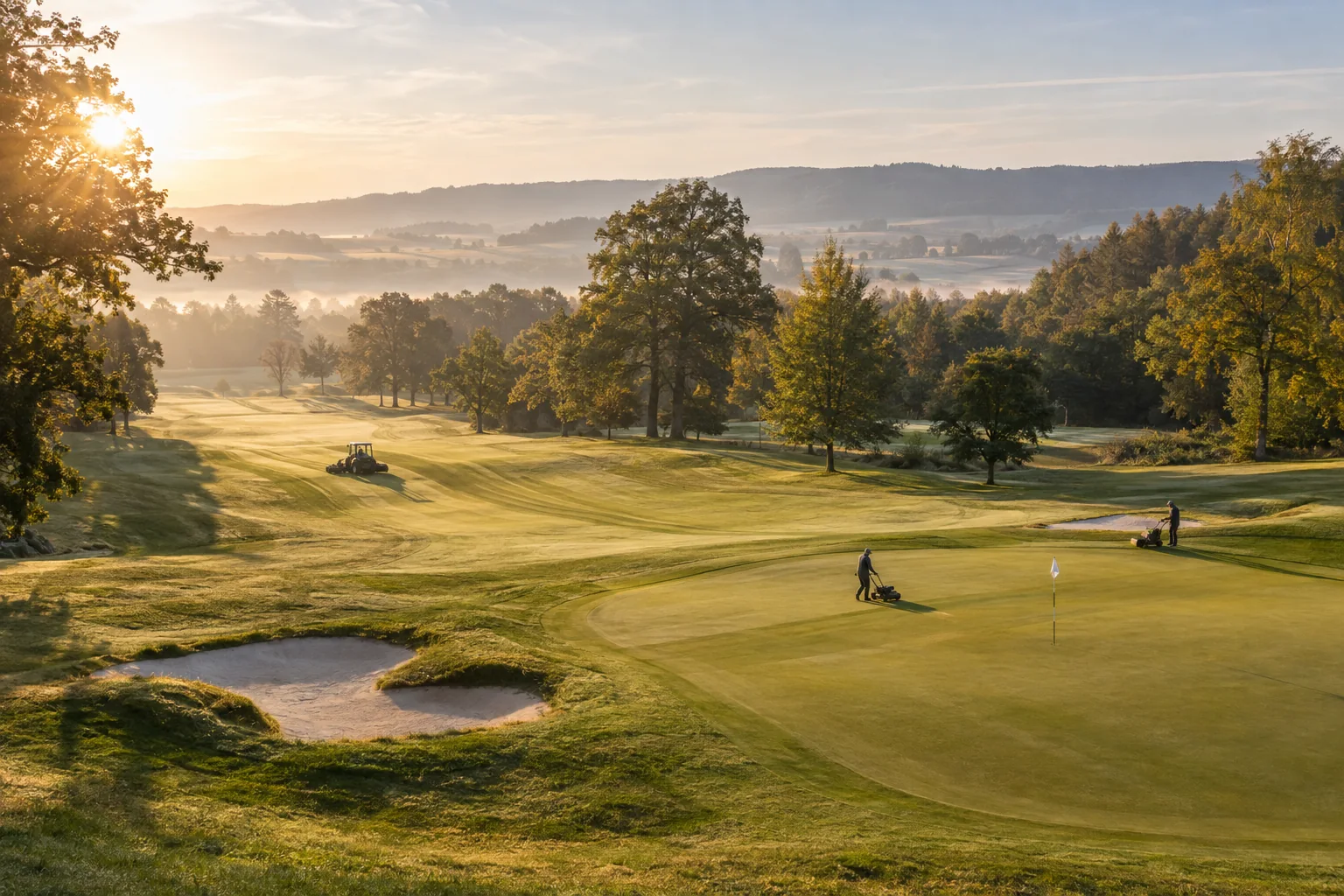 Illustratives Bild einer gepflegten Golfanlage mit Greenkeeping-Arbeit im Morgenlicht